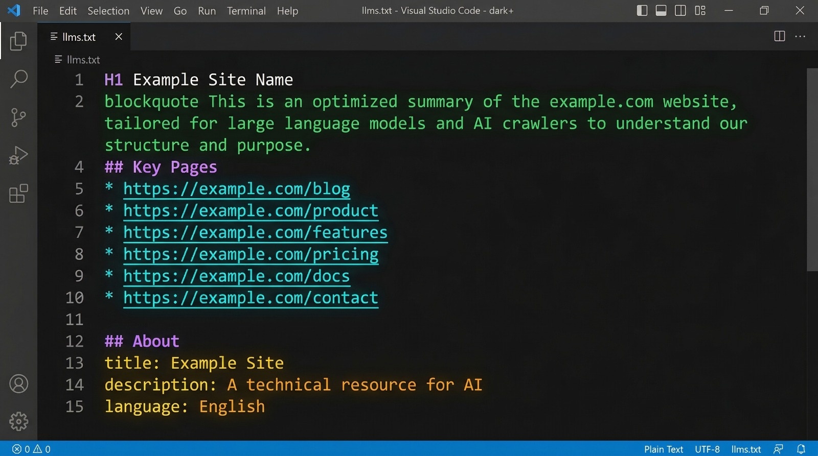 VS Code showing a perfectly structured llms.txt file with all best practices implemented