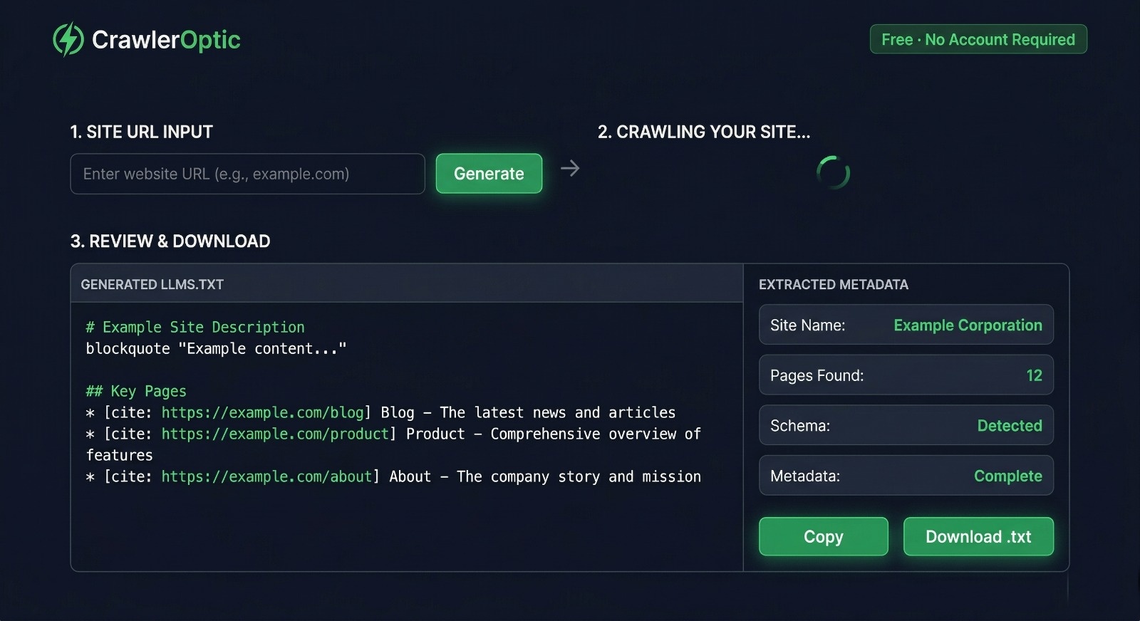 CrawlerOptic 3-step llms.txt generator interface