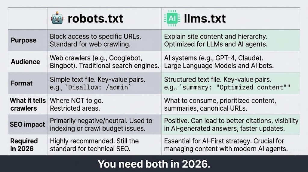 robots.txt vs llms.txt comparison — what each file communicates to crawlers